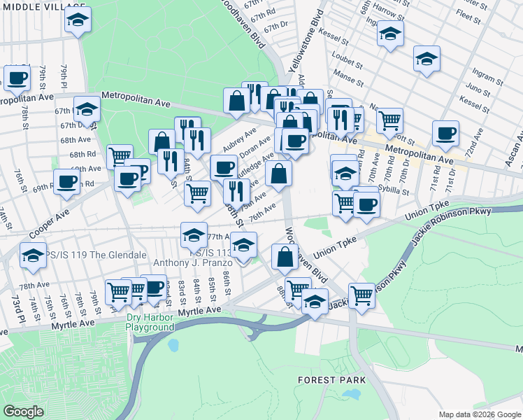 map of restaurants, bars, coffee shops, grocery stores, and more near 88-41 75th Avenue in Queens