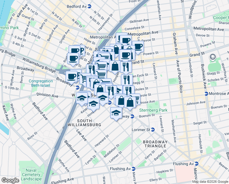map of restaurants, bars, coffee shops, grocery stores, and more near in Brooklyn