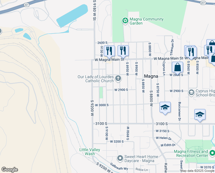 map of restaurants, bars, coffee shops, grocery stores, and more near 2879 South 9100 West in Magna