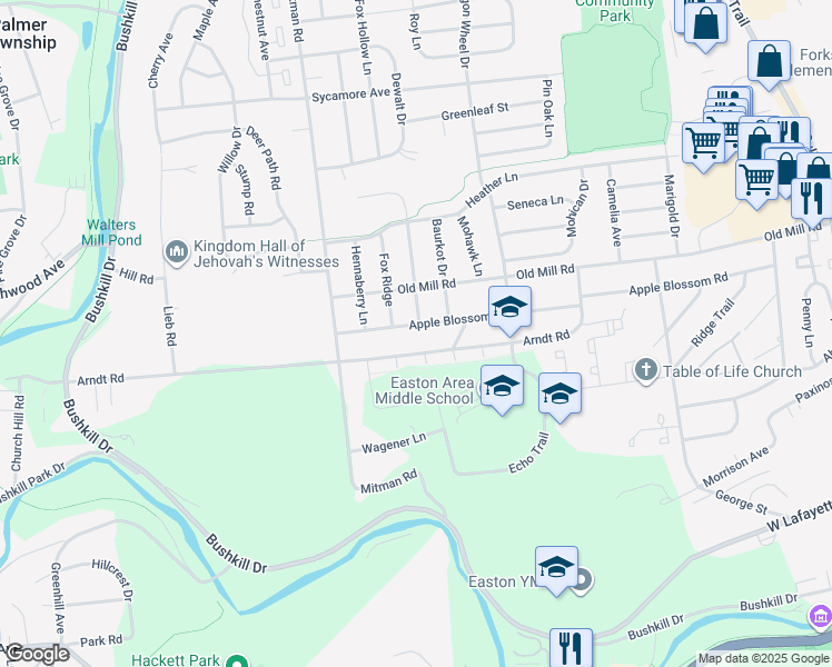 map of restaurants, bars, coffee shops, grocery stores, and more near 1011 Apple Blossom Road in Easton