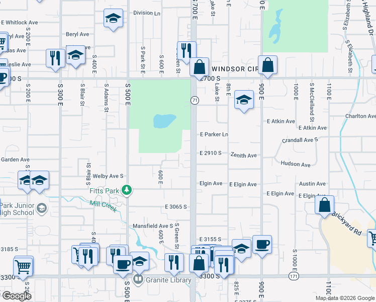 map of restaurants, bars, coffee shops, grocery stores, and more near 2898 700 East in South Salt Lake