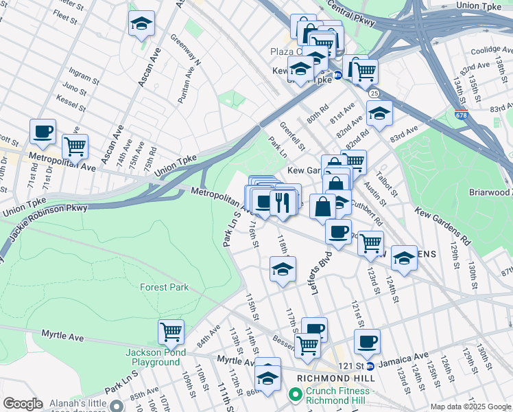 map of restaurants, bars, coffee shops, grocery stores, and more near 115-25 Metropolitan Avenue in Queens
