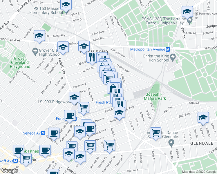 map of restaurants, bars, coffee shops, grocery stores, and more near 66-32 Fresh Pond Road in Queens