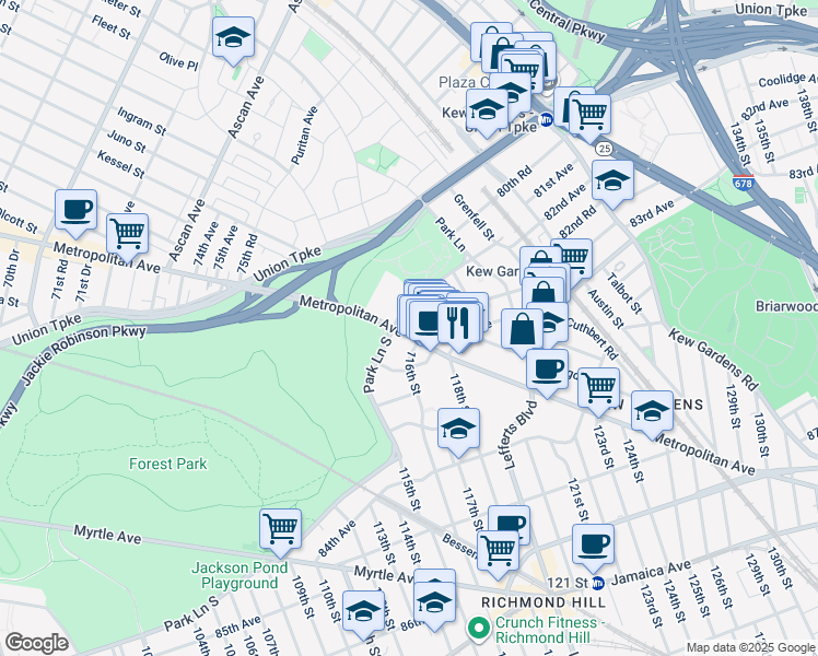 map of restaurants, bars, coffee shops, grocery stores, and more near 136 Audley Street in Queens