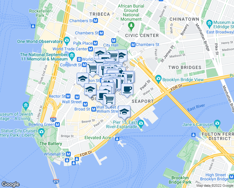 map of restaurants, bars, coffee shops, grocery stores, and more near 106 William Street in New York