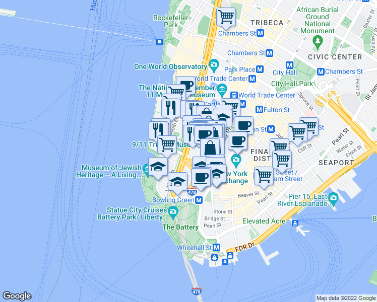 map of restaurants, bars, coffee shops, grocery stores, and more near 40 West Street in New York