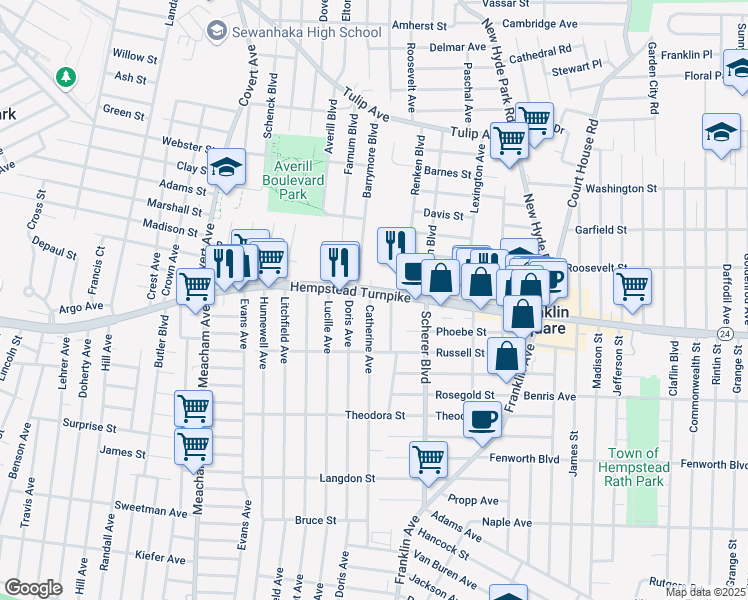 map of restaurants, bars, coffee shops, grocery stores, and more near 1150 Hempstead Turnpike in Franklin Square