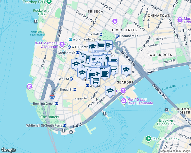 map of restaurants, bars, coffee shops, grocery stores, and more near 106 William Street in New York