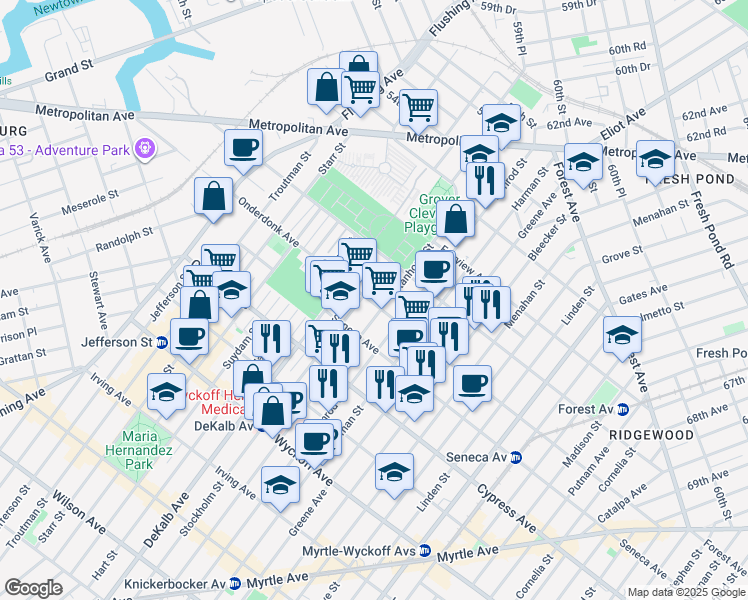 map of restaurants, bars, coffee shops, grocery stores, and more near 18-63 Stockholm Street in Queens