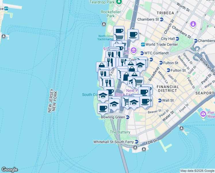 map of restaurants, bars, coffee shops, grocery stores, and more near 2 South End Avenue in New York