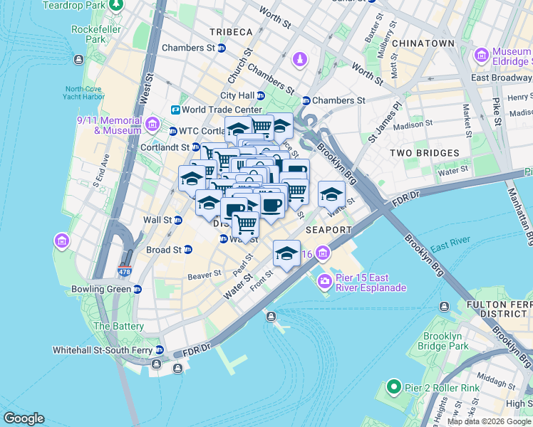 map of restaurants, bars, coffee shops, grocery stores, and more near 90 John Street in New York