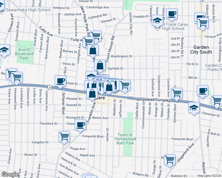 map of restaurants, bars, coffee shops, grocery stores, and more near 22 Franklin Street in Franklin Square