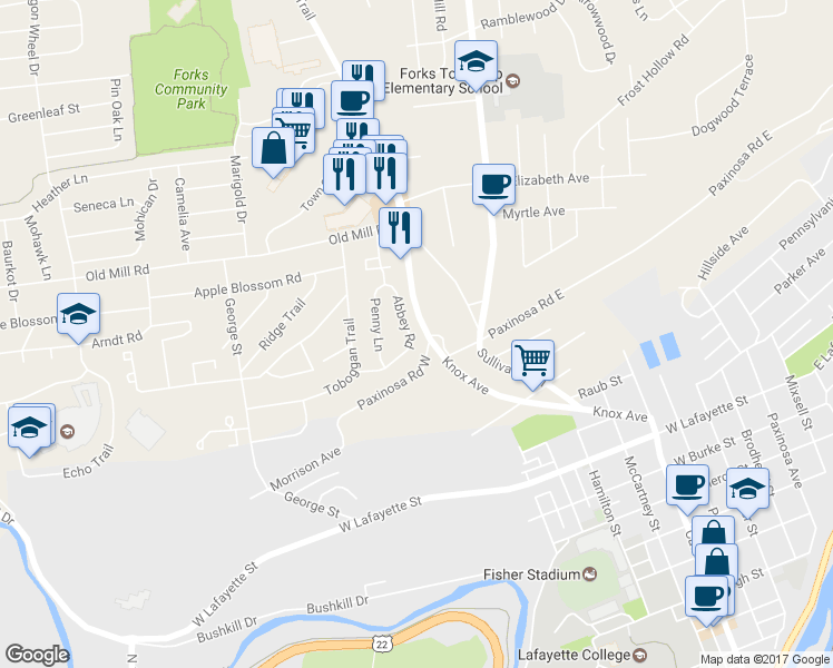 map of restaurants, bars, coffee shops, grocery stores, and more near 21 Abbey Road in Easton