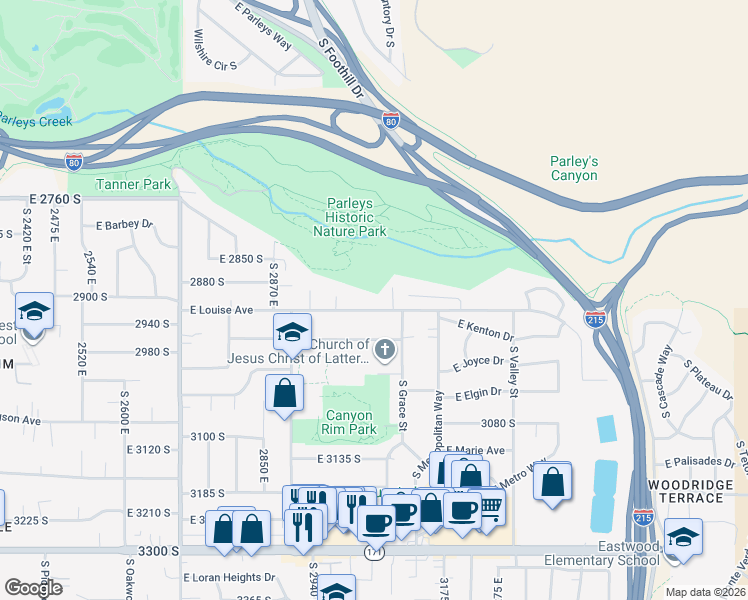 map of restaurants, bars, coffee shops, grocery stores, and more near 2833 South 2870 East in Salt Lake City