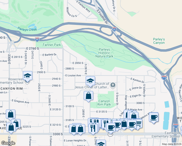 map of restaurants, bars, coffee shops, grocery stores, and more near 2885 South 2870 East in Salt Lake City