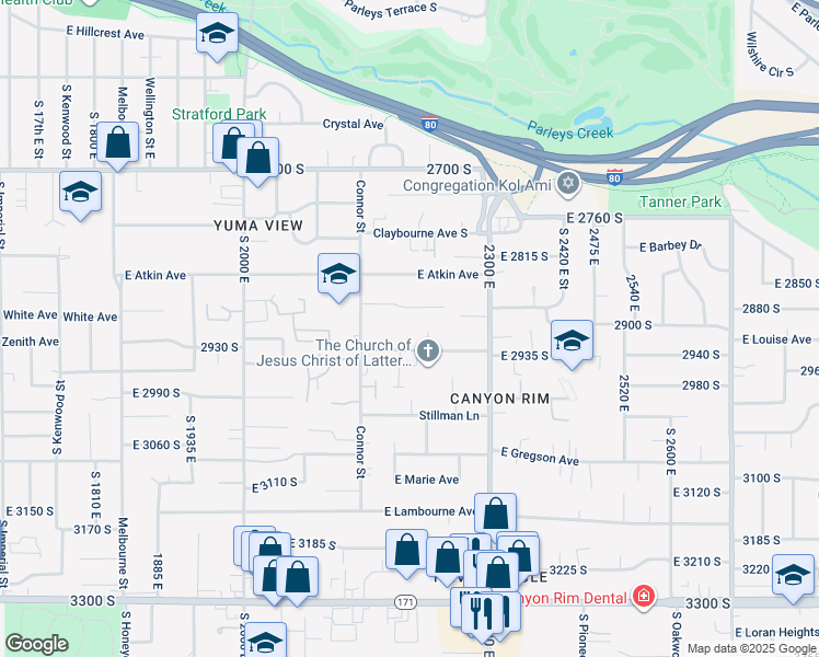 map of restaurants, bars, coffee shops, grocery stores, and more near 2194 East 2875 South Street in Salt Lake City