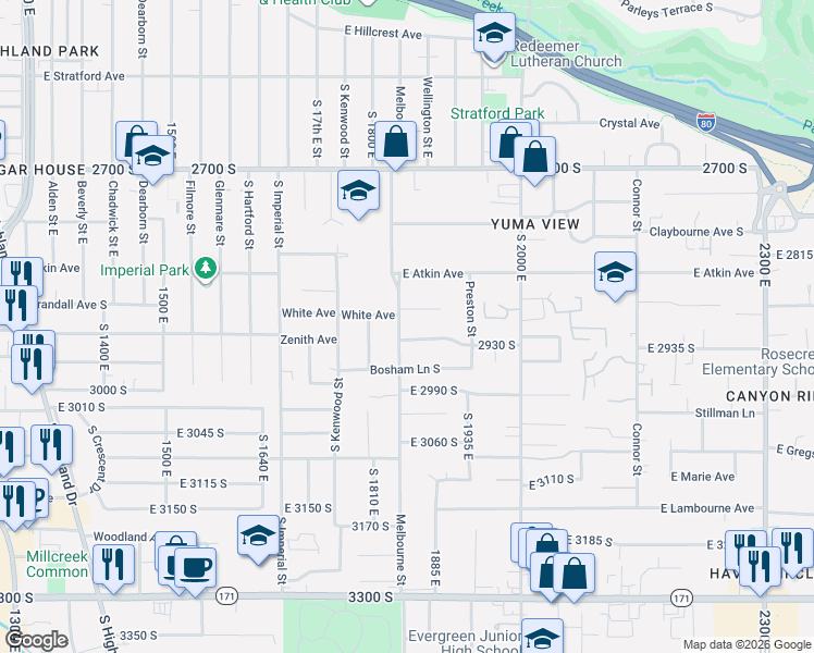 map of restaurants, bars, coffee shops, grocery stores, and more near 2887 Melbourne Street in Salt Lake City