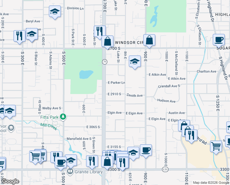 map of restaurants, bars, coffee shops, grocery stores, and more near 729 Zenith Avenue in Millcreek