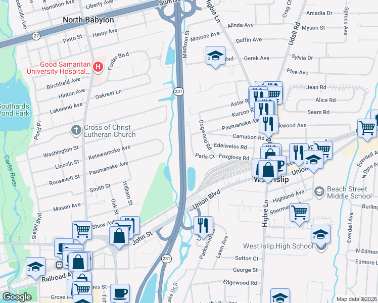 map of restaurants, bars, coffee shops, grocery stores, and more near 119 Paris Court in West Islip