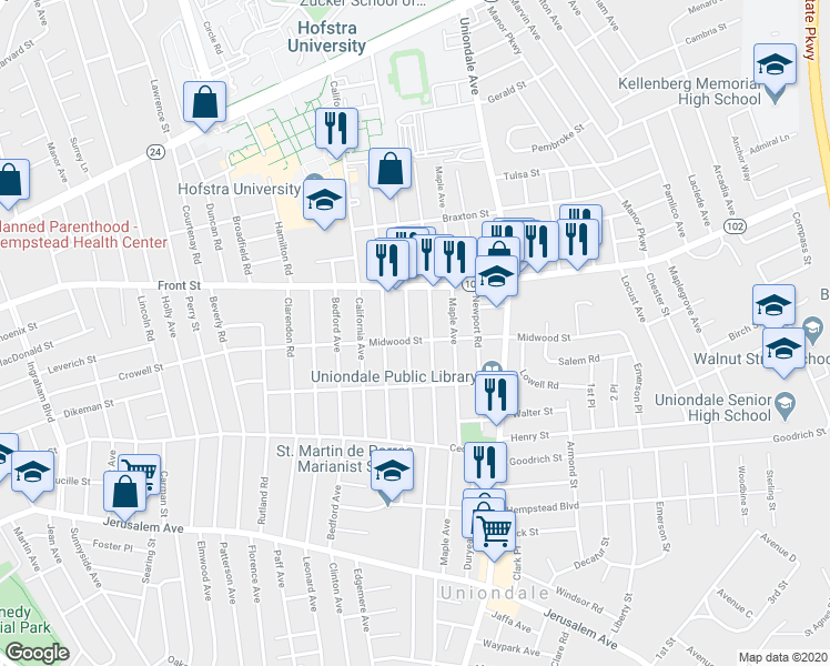 map of restaurants, bars, coffee shops, grocery stores, and more near 305 Fenimore Avenue in Uniondale