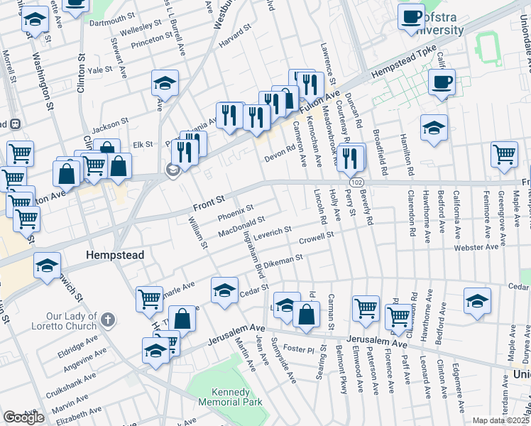 map of restaurants, bars, coffee shops, grocery stores, and more near 132 Phoenix Street in Hempstead