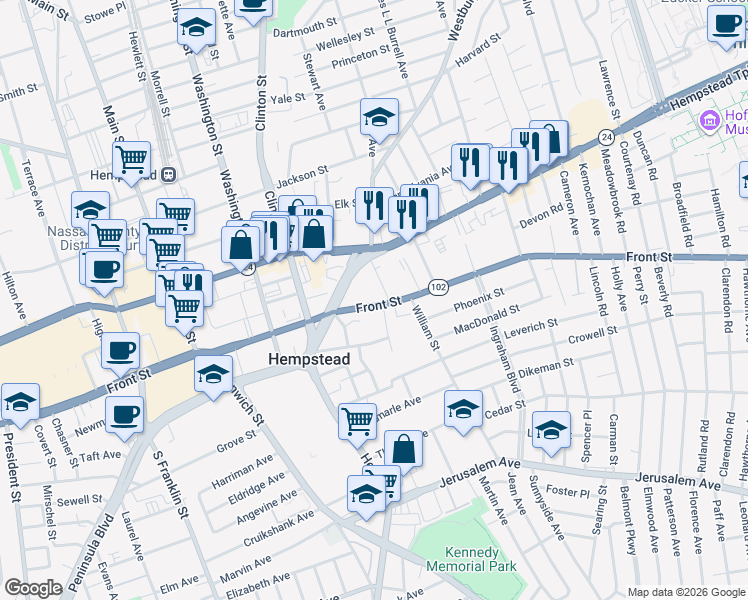 map of restaurants, bars, coffee shops, grocery stores, and more near 16 Attorney Street in Hempstead