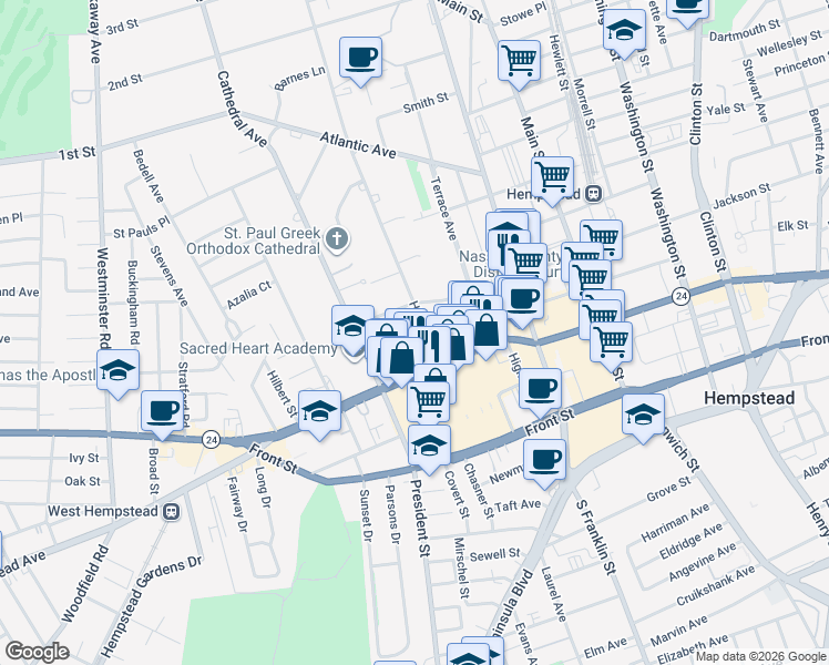 map of restaurants, bars, coffee shops, grocery stores, and more near 45 Hilton Avenue in Hempstead