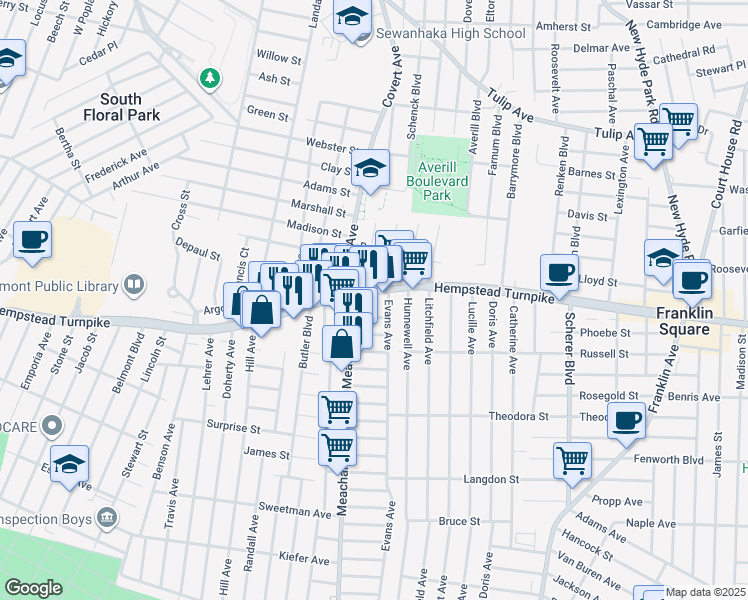 map of restaurants, bars, coffee shops, grocery stores, and more near 1308 Hempstead Turnpike in Elmont