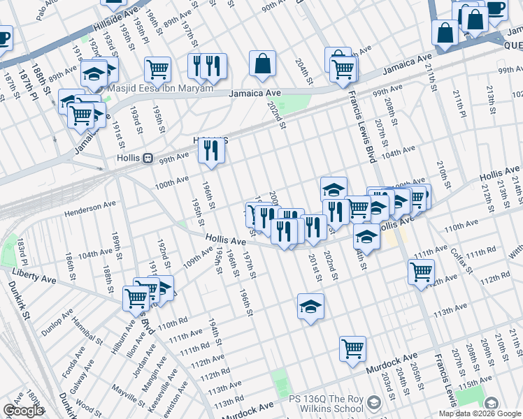 map of restaurants, bars, coffee shops, grocery stores, and more near 199-02 104th Avenue in Queens