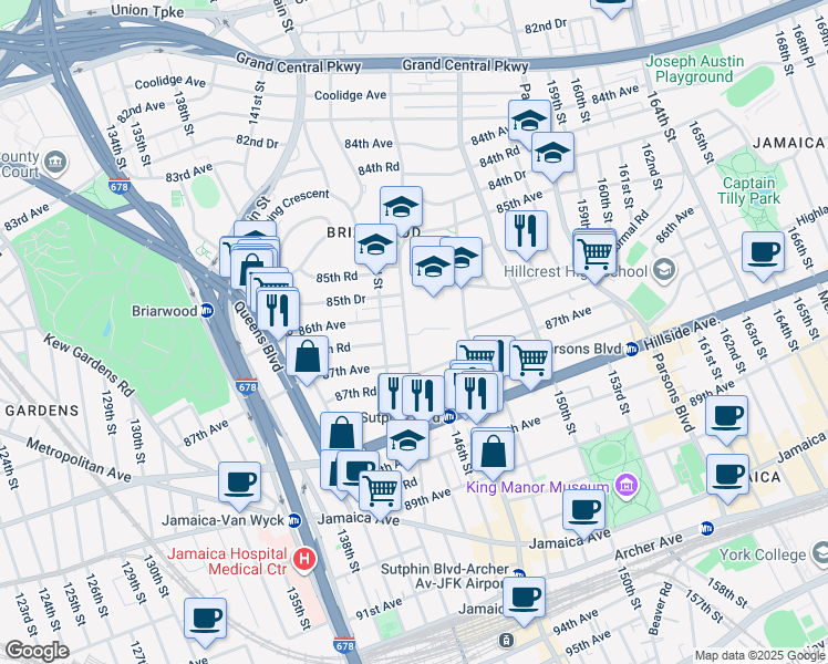 map of restaurants, bars, coffee shops, grocery stores, and more near 85-71 144th Street in Queens