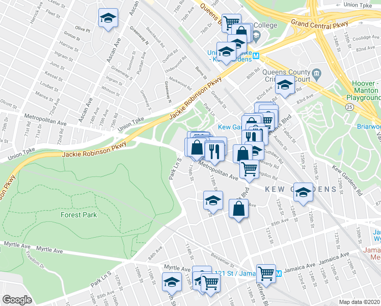 map of restaurants, bars, coffee shops, grocery stores, and more near 136 Audley Street in Queens
