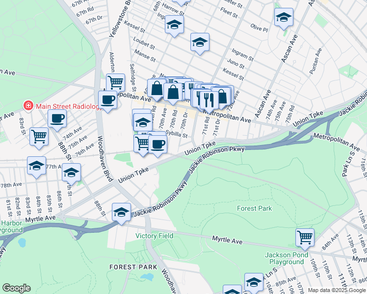 map of restaurants, bars, coffee shops, grocery stores, and more near 70-42 Sybilla Street in Queens
