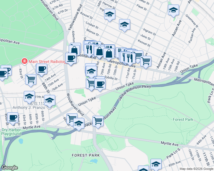 map of restaurants, bars, coffee shops, grocery stores, and more near 70-02 Sybilla Street in Queens