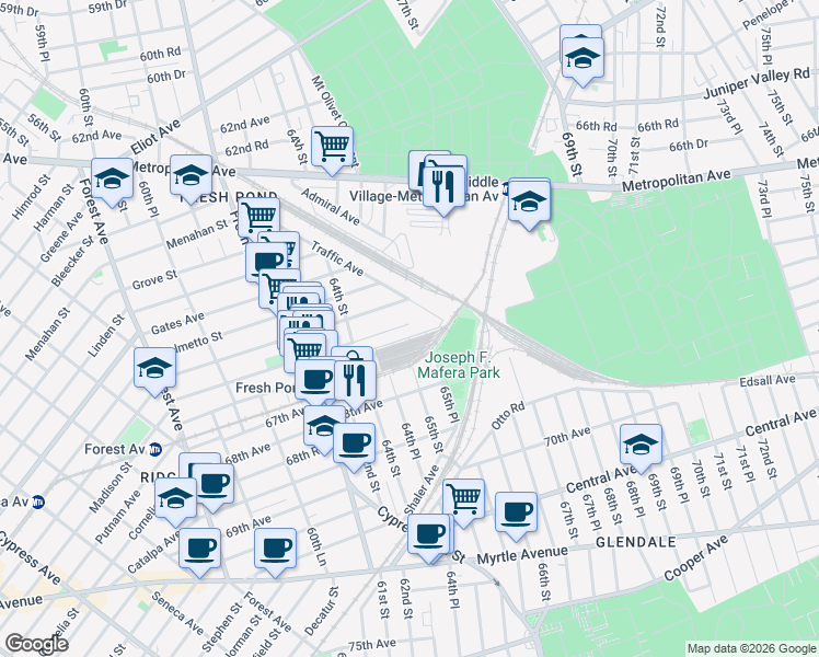 map of restaurants, bars, coffee shops, grocery stores, and more near 64-58 Woodbine Street in Queens