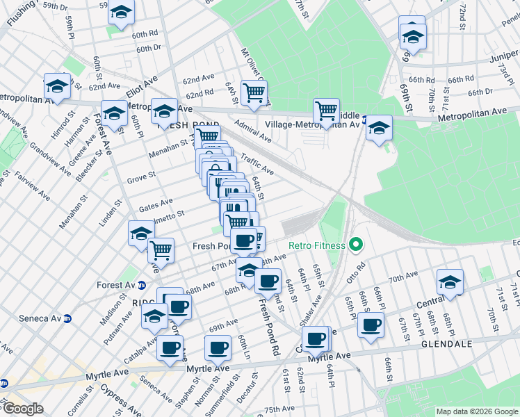 map of restaurants, bars, coffee shops, grocery stores, and more near 61-43 Woodbine Street in Queens