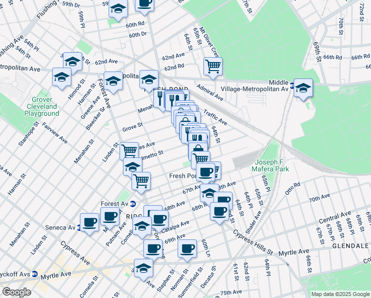 map of restaurants, bars, coffee shops, grocery stores, and more near 60-61 Palmetto Street in Queens