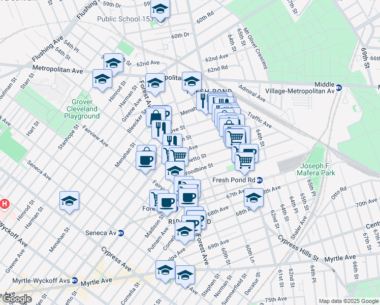 map of restaurants, bars, coffee shops, grocery stores, and more near 65-06 60th Place in Queens