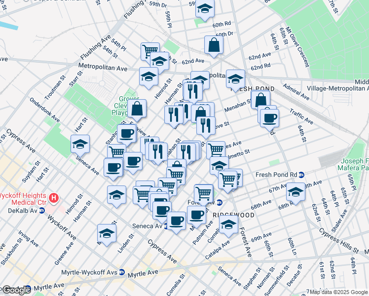map of restaurants, bars, coffee shops, grocery stores, and more near 20-32 Menahan Street in Queens