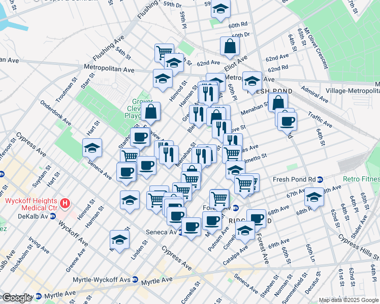 map of restaurants, bars, coffee shops, grocery stores, and more near 20-32 Menahan Street in Queens