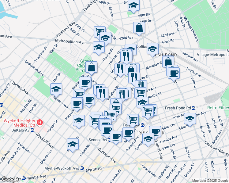 map of restaurants, bars, coffee shops, grocery stores, and more near 20-32 Menahan Street in Queens