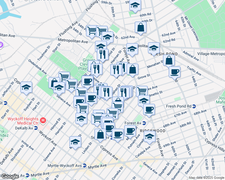 map of restaurants, bars, coffee shops, grocery stores, and more near 20-13 Bleecker Street in Queens