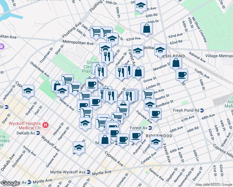 map of restaurants, bars, coffee shops, grocery stores, and more near 20-13 Bleecker Street in Queens