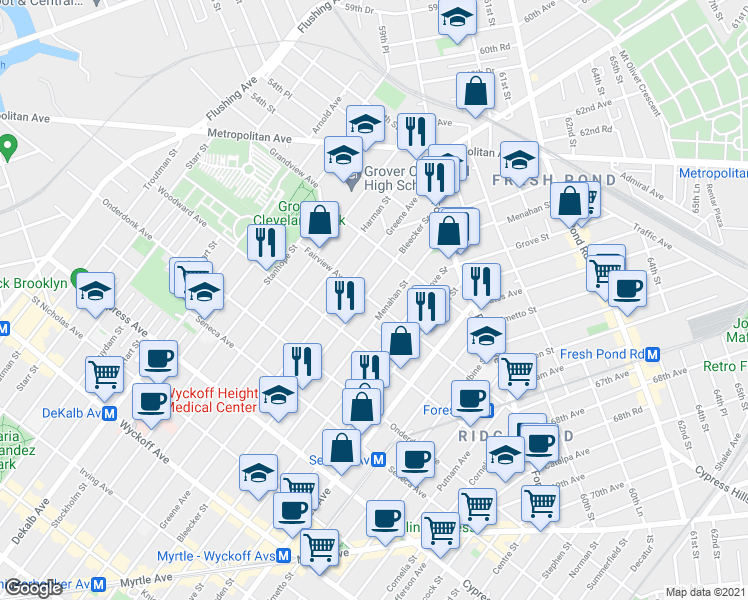 map of restaurants, bars, coffee shops, grocery stores, and more near 20-13 Bleecker Street in Queens