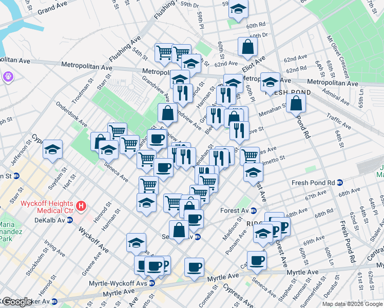 map of restaurants, bars, coffee shops, grocery stores, and more near 20-13 Bleecker Street in Queens