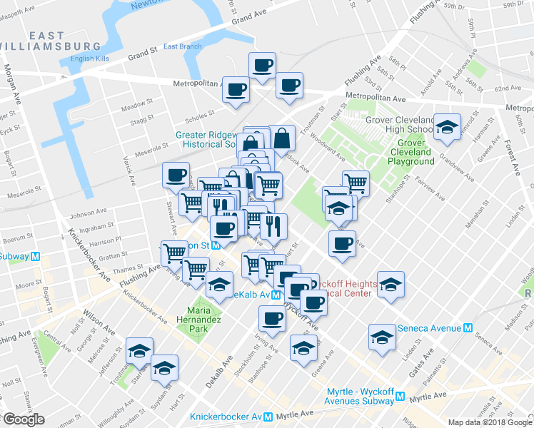 map of restaurants, bars, coffee shops, grocery stores, and more near in Queens
