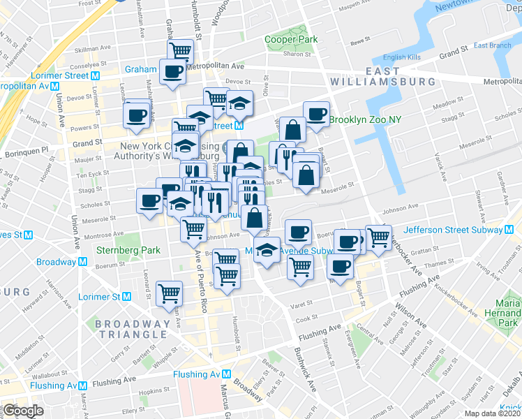 map of restaurants, bars, coffee shops, grocery stores, and more near in Brooklyn