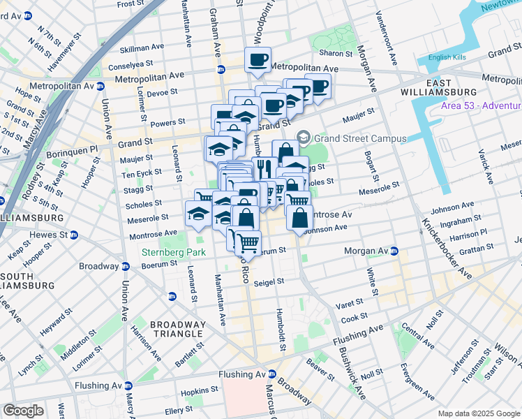 map of restaurants, bars, coffee shops, grocery stores, and more near 165 Meserole Street in Brooklyn