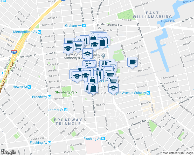map of restaurants, bars, coffee shops, grocery stores, and more near 165 Meserole Street in Brooklyn