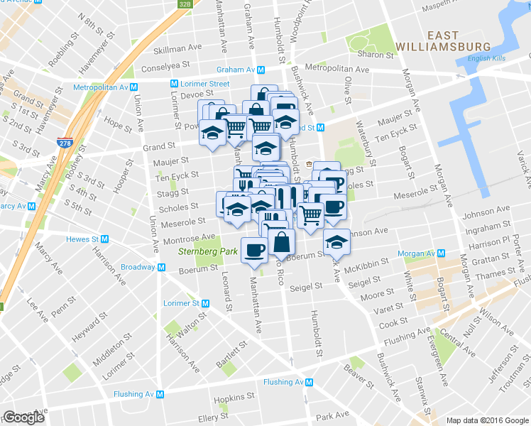 map of restaurants, bars, coffee shops, grocery stores, and more near 142 Scholes Street in Brooklyn