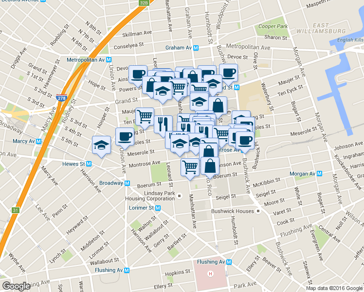map of restaurants, bars, coffee shops, grocery stores, and more near 108 Scholes Street in Brooklyn